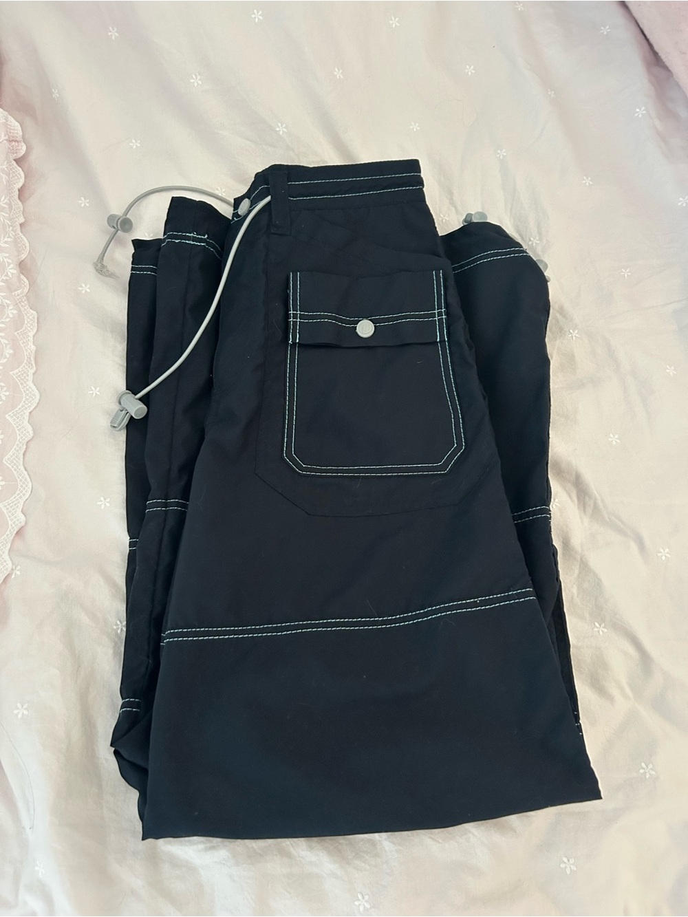 MacGirl Rave Y2K Black Drawstring Cargo Pants with Contrast Stitching